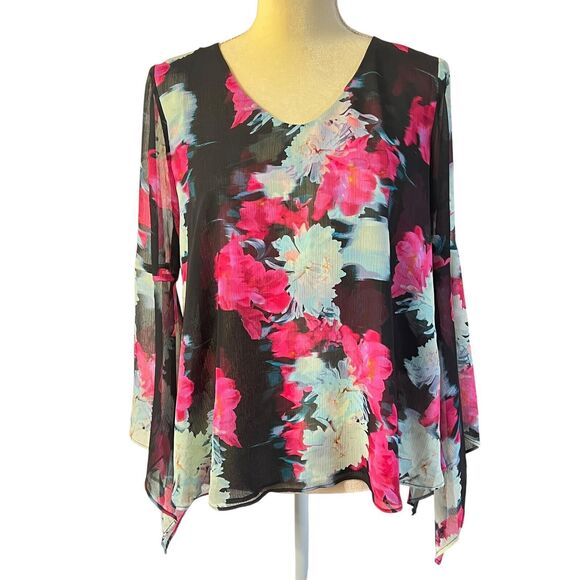 Jennifer Lopez Tops - Jennifer Lopez Women's Floral Print Blouse Bell Sleeve Sheer Top Black Pink M